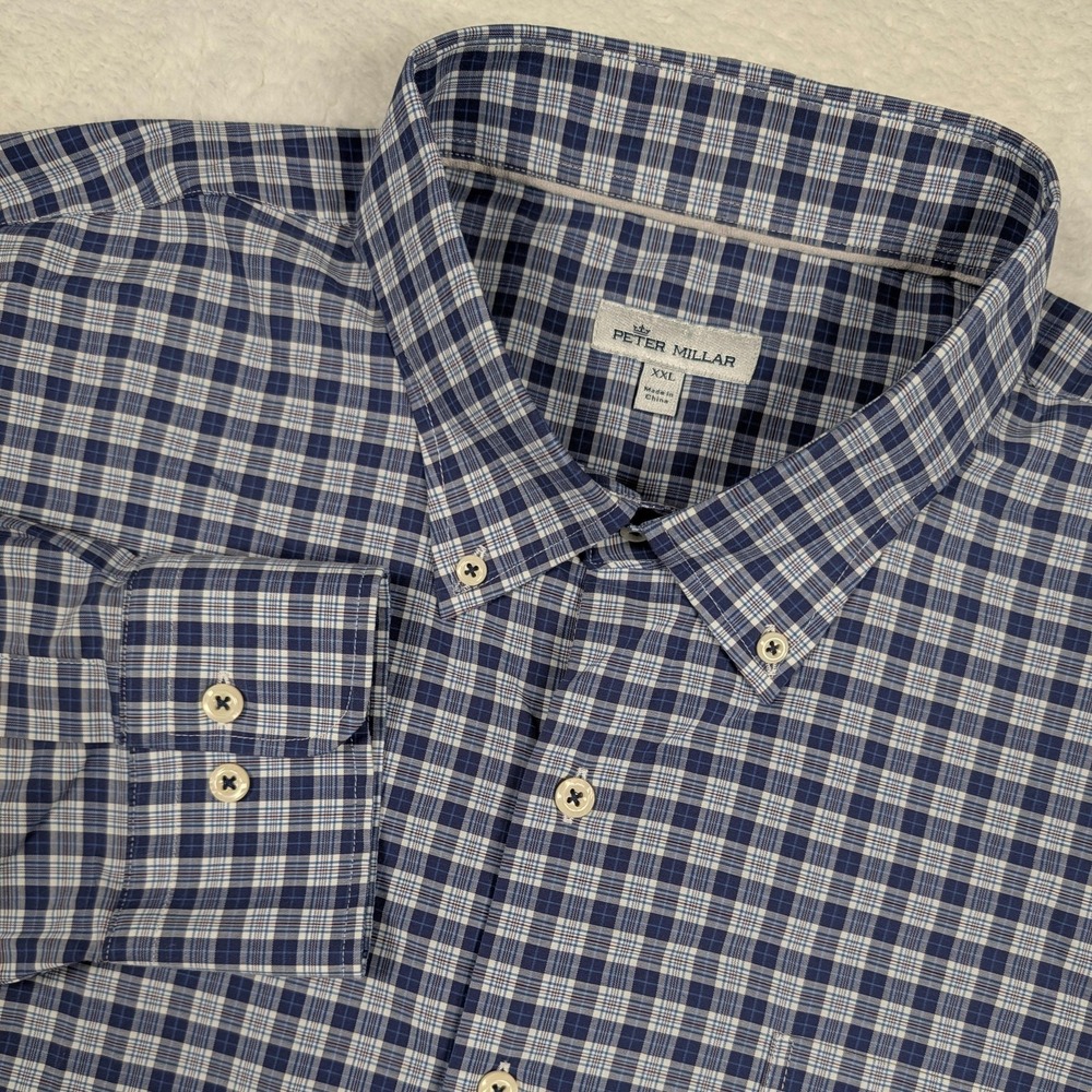 Peter Millar Shirt Mens 2XL Blue Plaid Stretch LS Button Down Cotton Performance